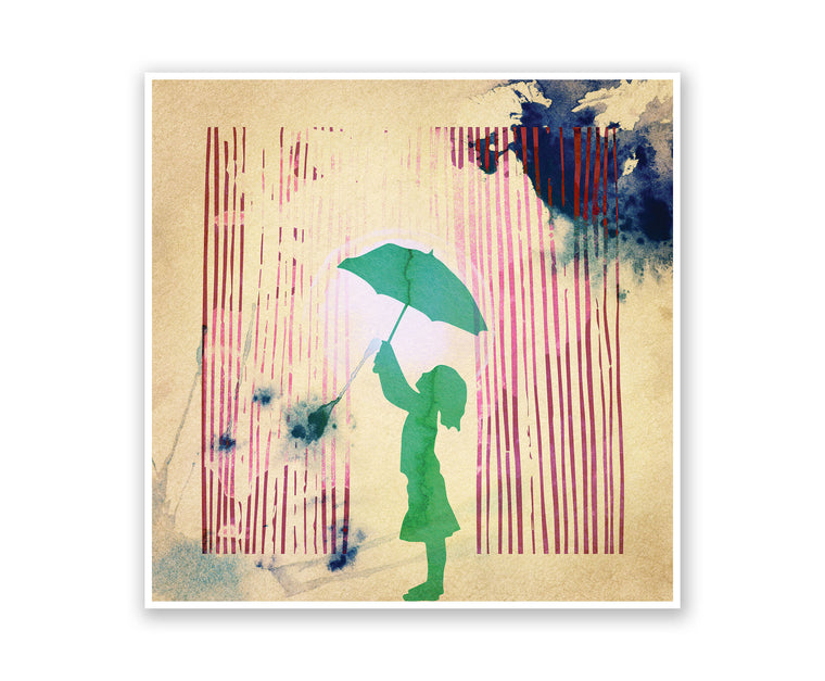 Playing in the Rain Watercolor Silhouette
