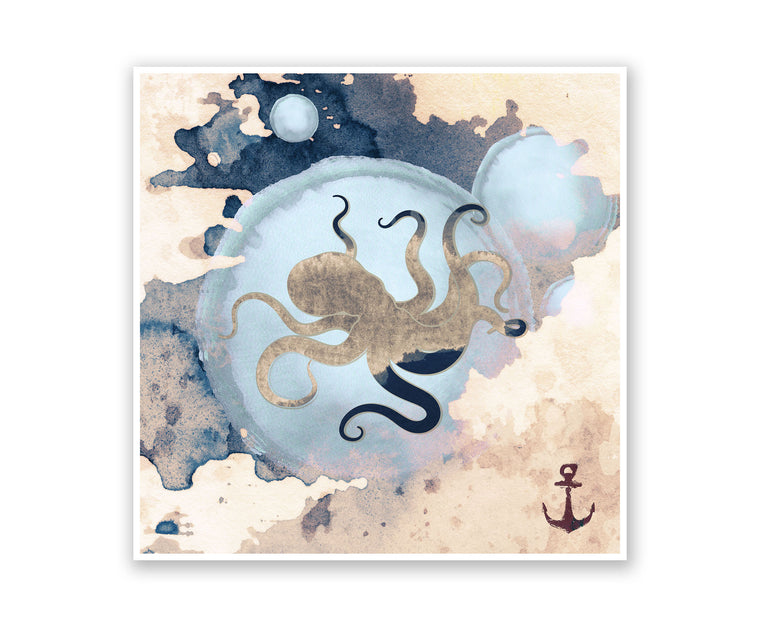 Ship Wreck Squid Watercolor Silhouette